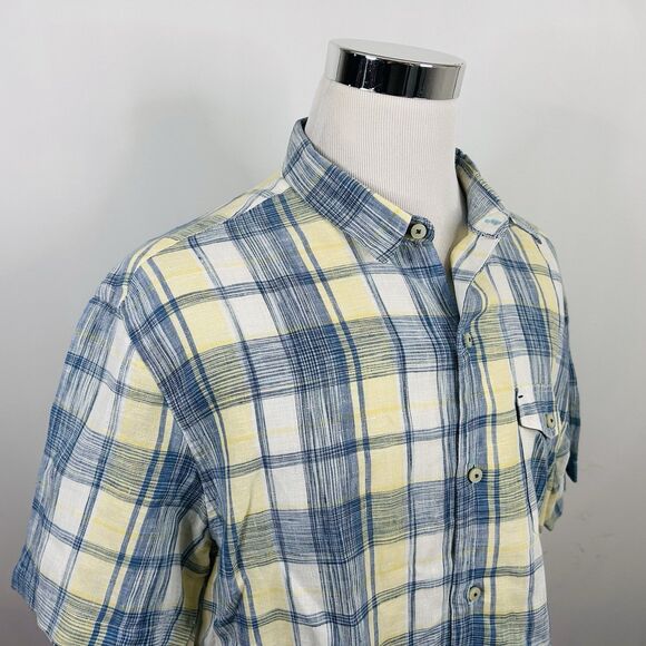 Tommy Bahama XL 100% Linen Hawaiian Lounge Shirt Blue Yellow Plaid Short Sleeve - Picture 1 of 4